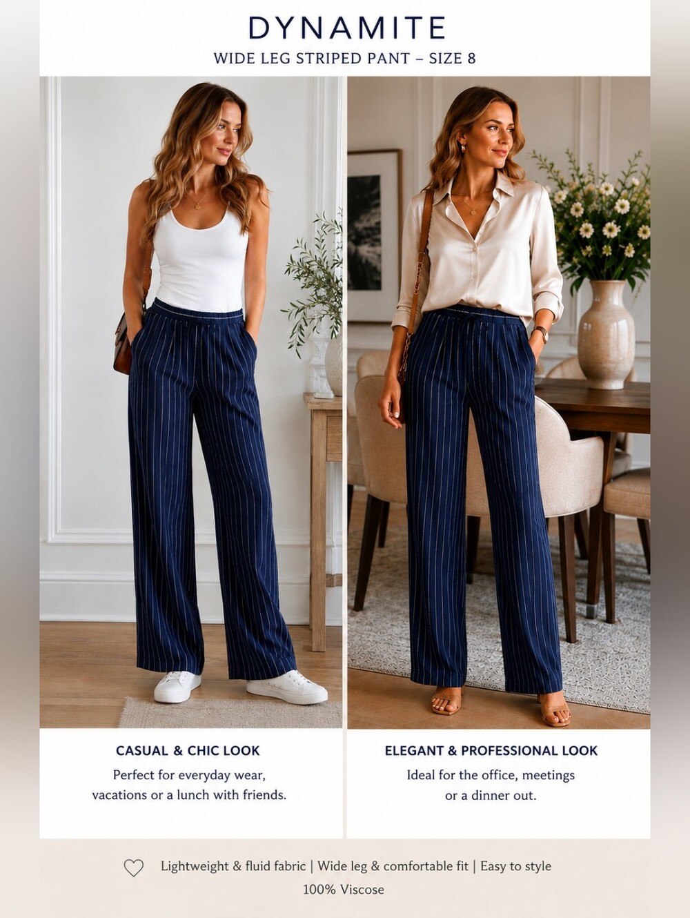 Dynamite Navy Blue Striped Wide-Leg Pants – Size 8